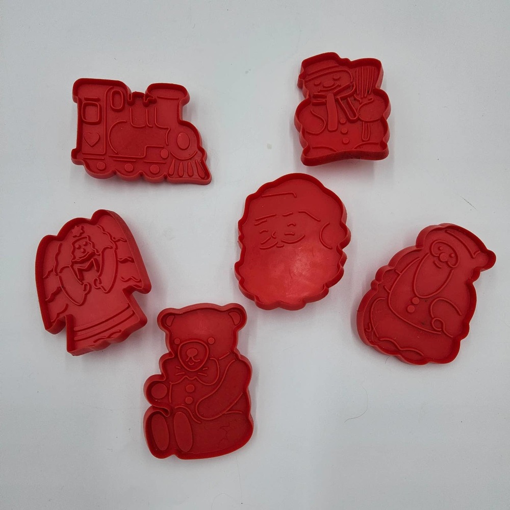 Vintage Red Plastic Christmas Cookie Cutters Lot of 6, 3"×3.5"